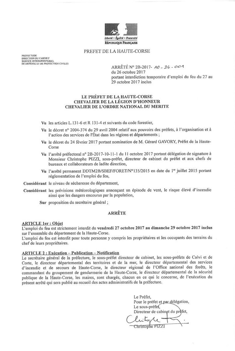 INTERDICTION D'EMPLOI DU FEU DU 27 AU 29 OCTOBRE 2017 