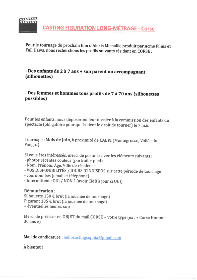 CASTING POUR LE TOURNAGE D'UN LONG-MÉTRAGE