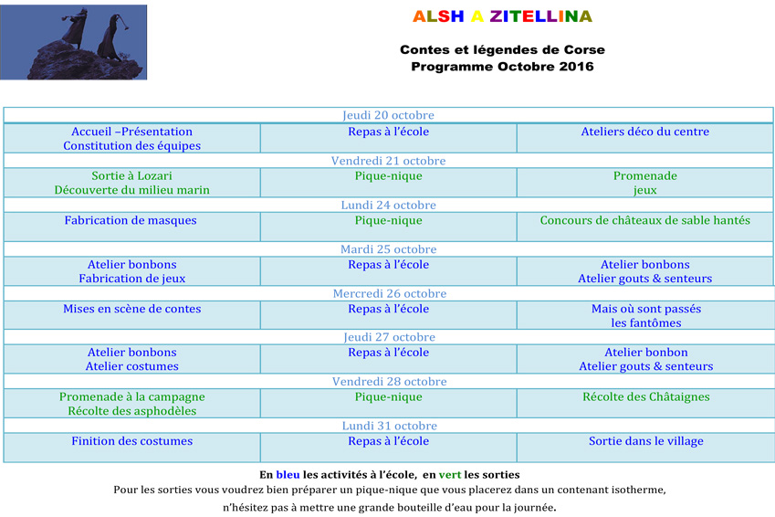 Alsh A Zitellina : programme des vacances de Toussaint 2016