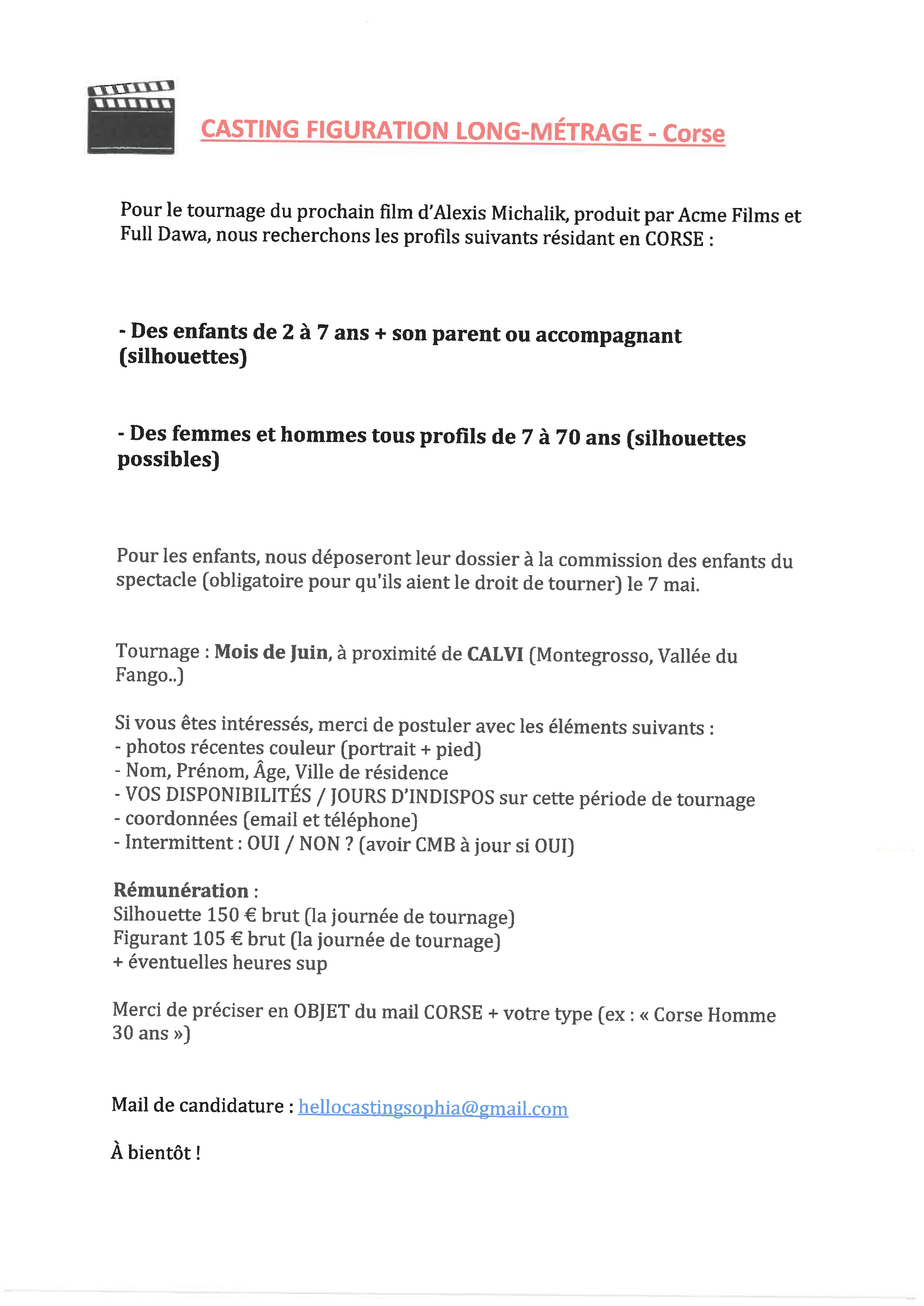 CASTING POUR LE TOURNAGE D'UN LONG-MÉTRAGE
