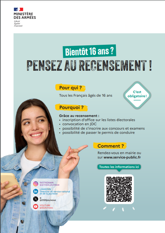Recensement citoyen obligatoire à 16 ans Recensement citoyen obligatoire à 16 ans