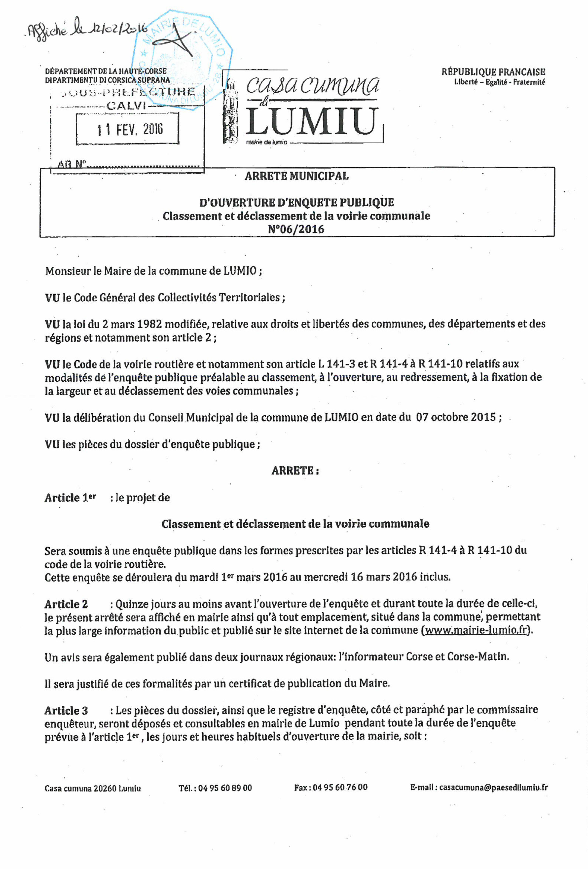 enquête publique «Classement et déclassement de la voirie communale»